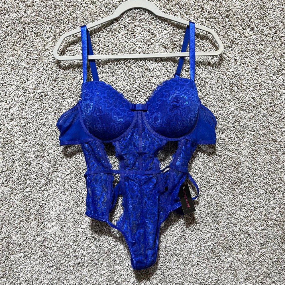 Body Rage Teddy Bodysuit Women's 3X Royal Blue Floral Lace Cut Out Underwire NWT